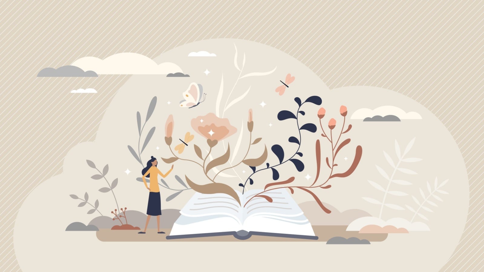 An illustration representing a story's exposition. A giant book is open, and images flow from the pages, setting the scene.