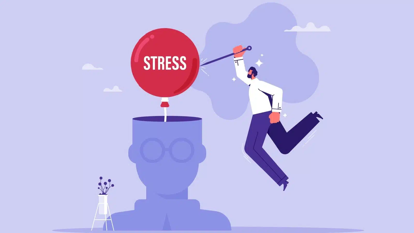 An illustration representing stress relief. A man uses a giant pin to burst a bubble labeled "stress" coming out of a figurative head.