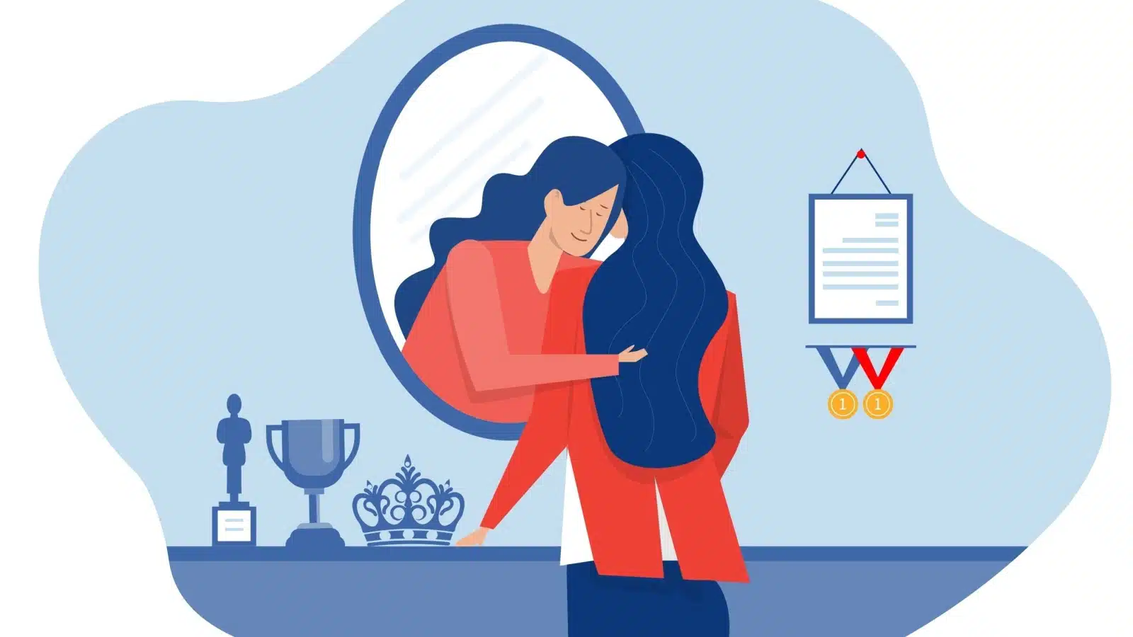 Illustration of a woman coming out of a mirror to hug herself as if to give thanks or self-love.