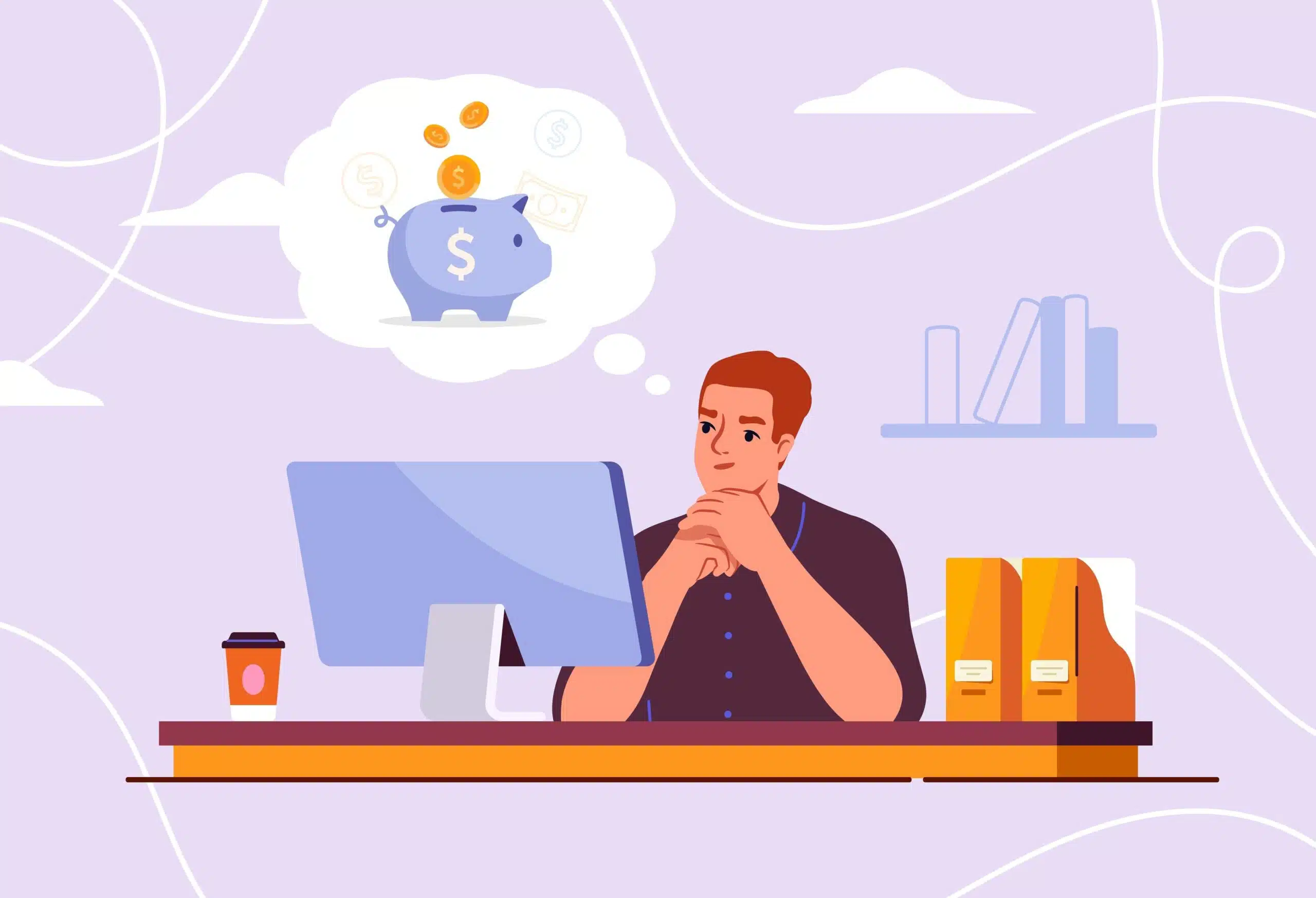 Illustration of a man sitting at his desk thinking about money.