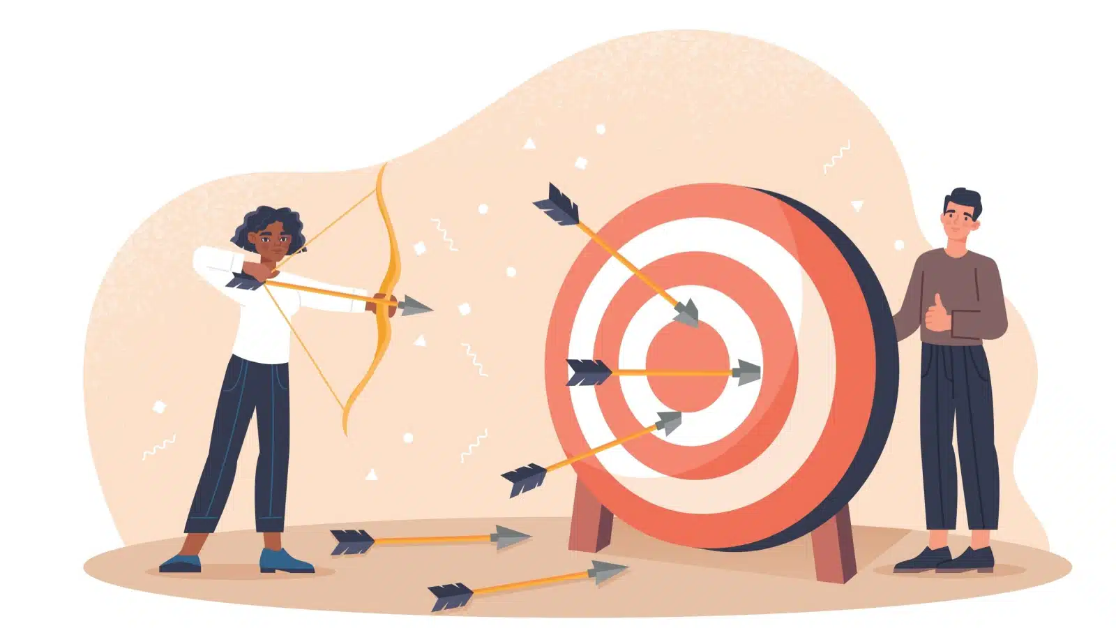 Illustration of a woman shooting arrows at a target. She hasn't hit the center yet, but she keeps trying.