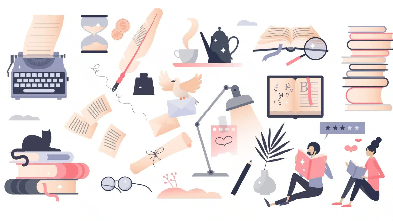 An illustration with various elements representing writing, books, and literature.