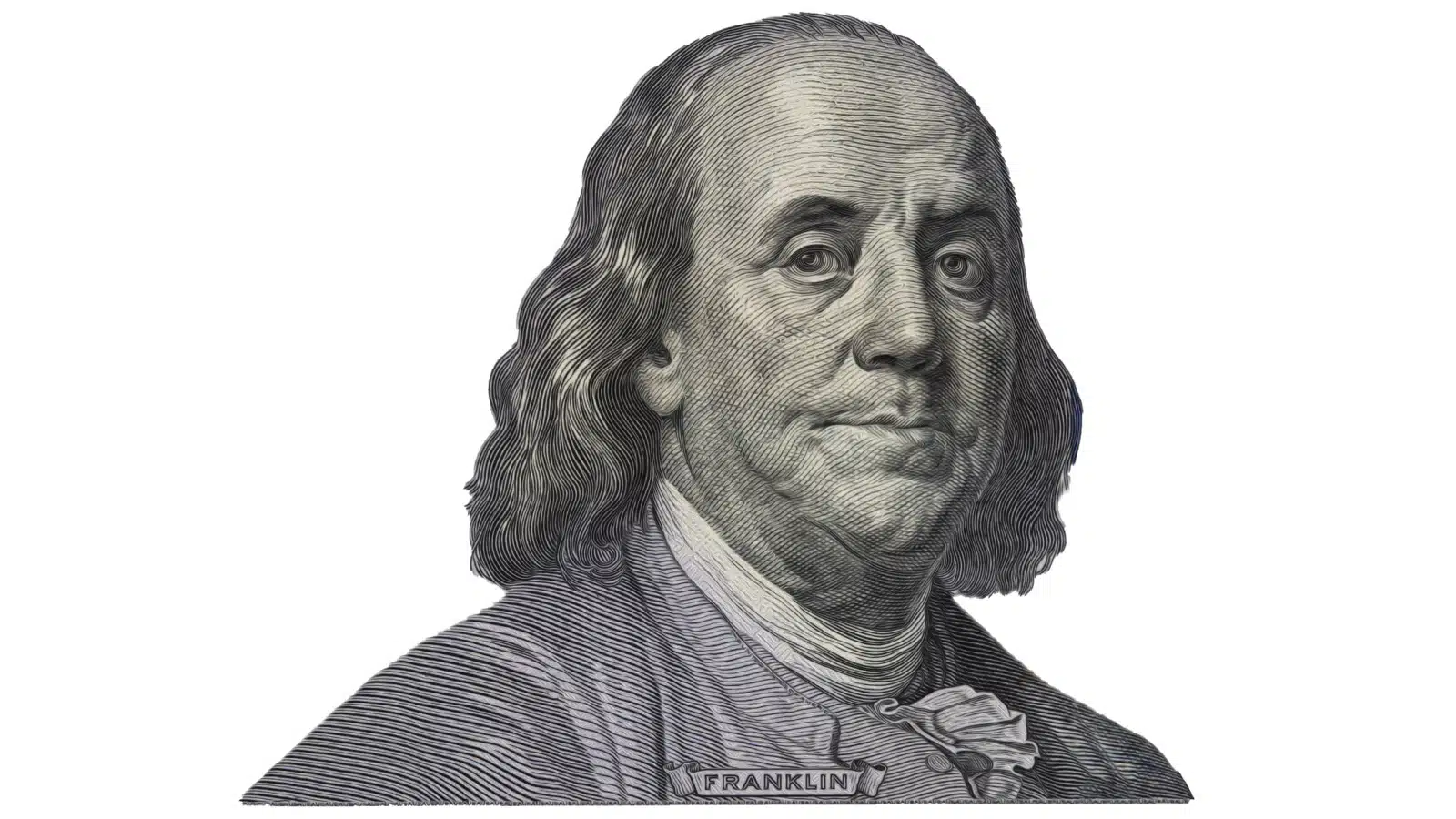 Portrait of Benjamin Franklin from a cutout of the American $100 bill. 