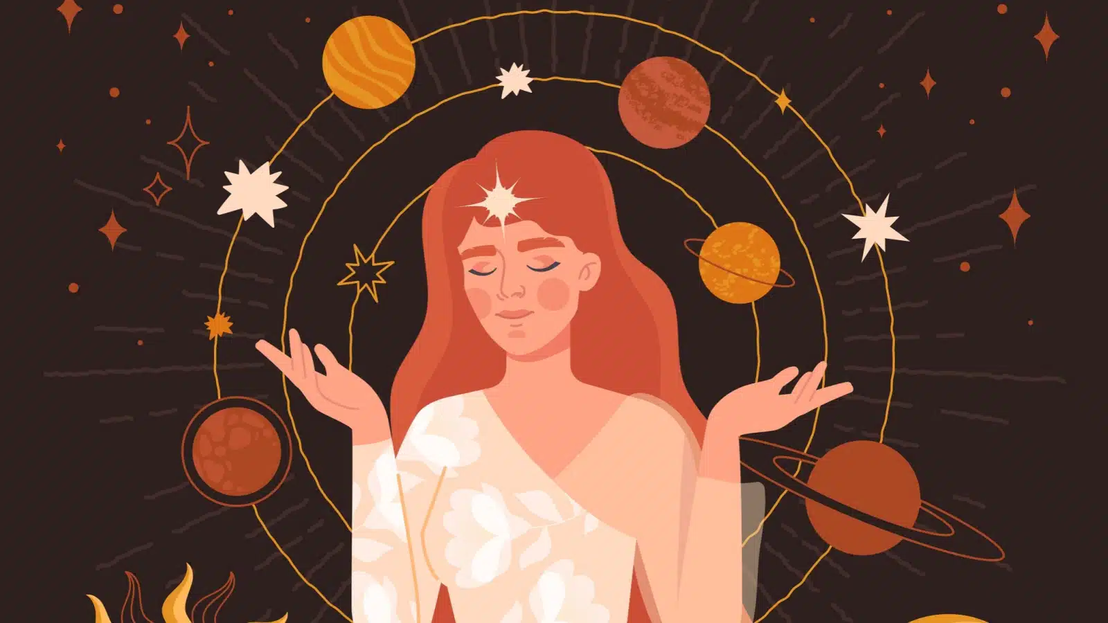 Illustration of a goddess among the planets to represent the divine feminine.