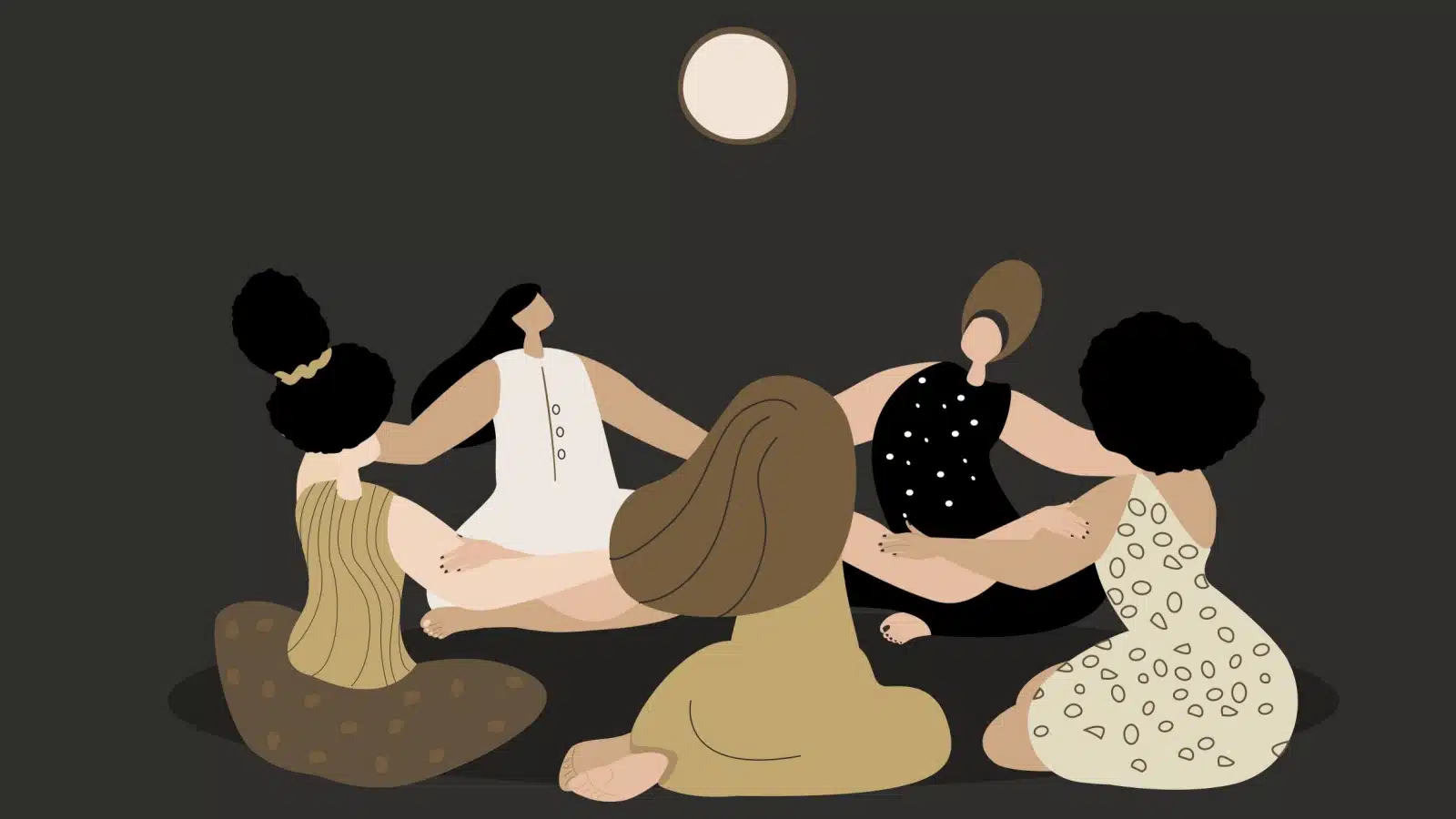 Illustration of women holding hands in a circle under the moonlight to represent feminine energy.