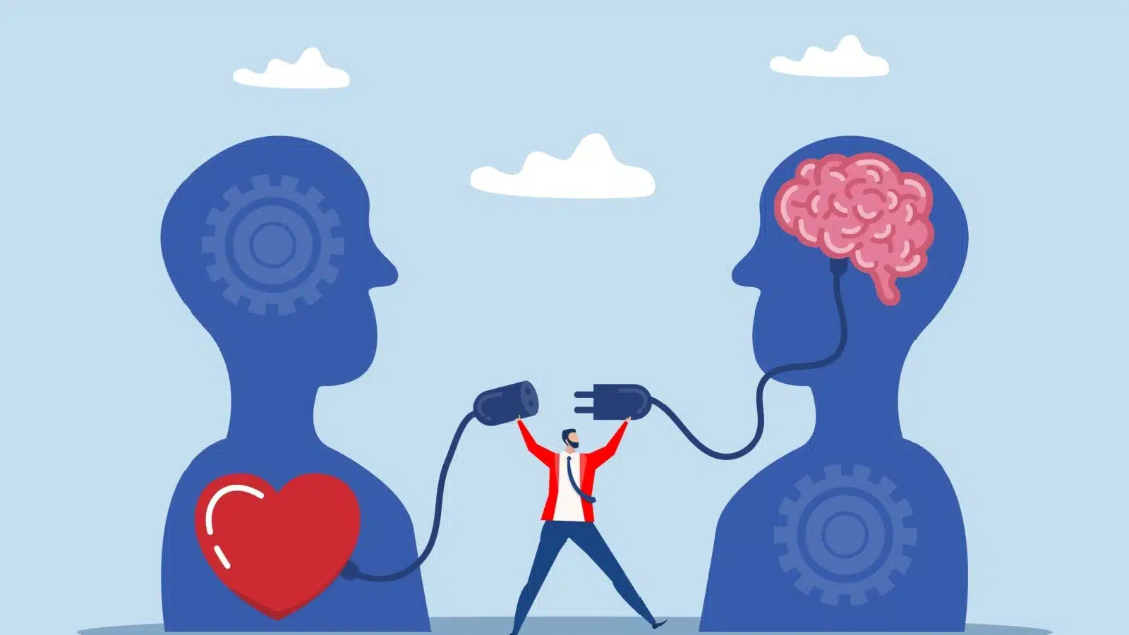 An illustration of a man plugging someone's brain into someone else's heart to represent empathy.