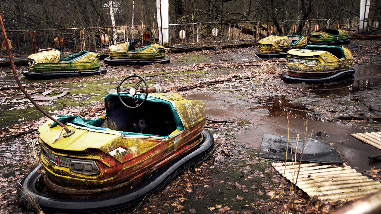 The abandoned, rusting bumper cars in Pripyat.