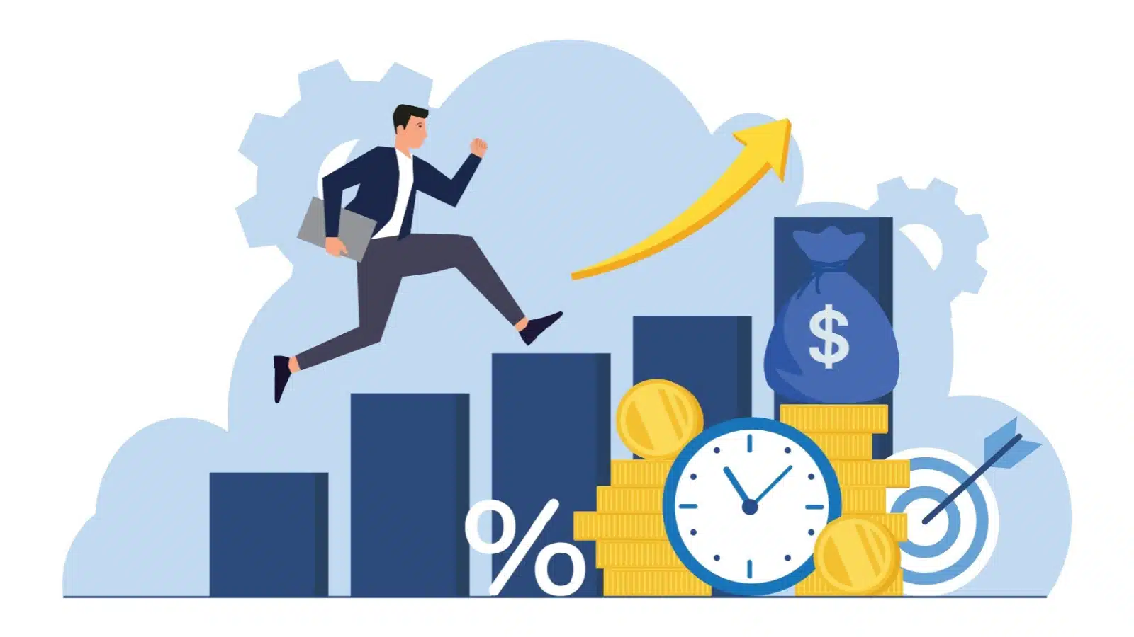 A businessman runs up a graph showing how time in the market builds wealth.