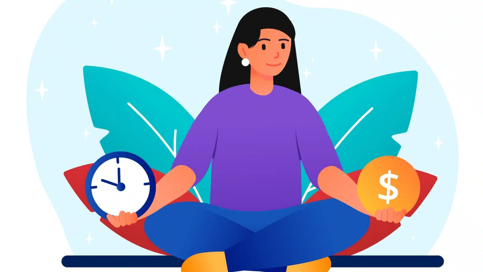 A peaceful looking woman finds a healthy balance of time and money.