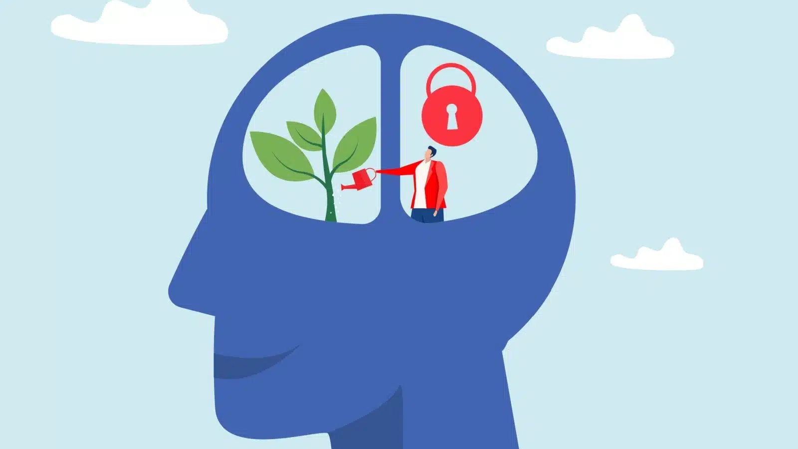 Illustration highlighting how we can have both a fixed and a growth mindset in different areas of our lives. A man stands in a fixed part of his brain watering a different area that's growing.