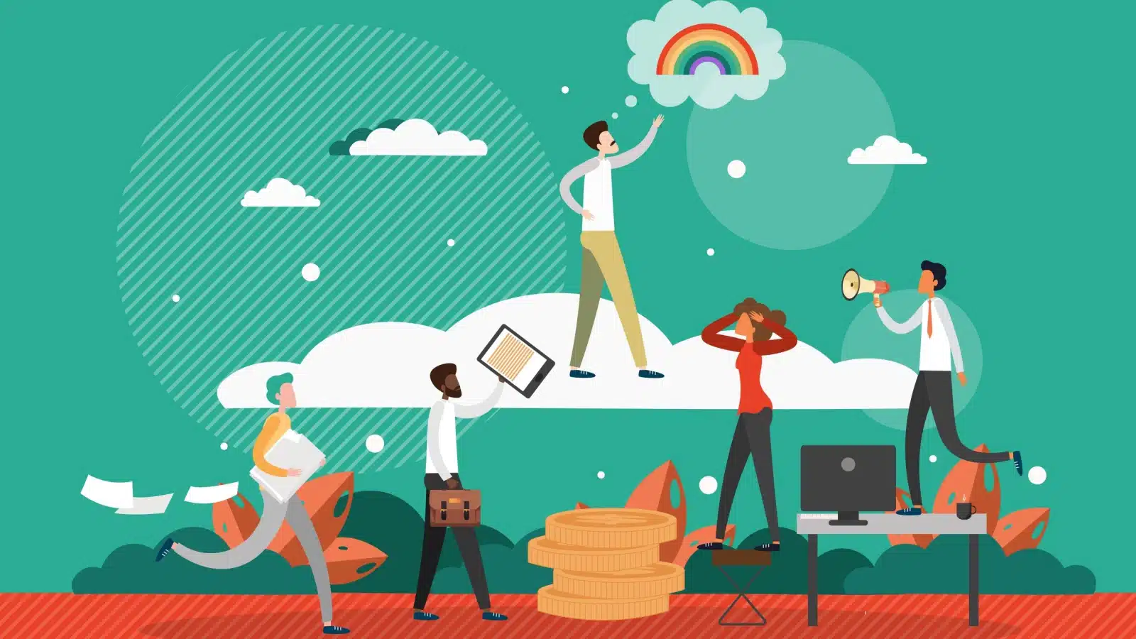 Illustration of a businessman reaching for his dream life represents achieving passion FIRE.