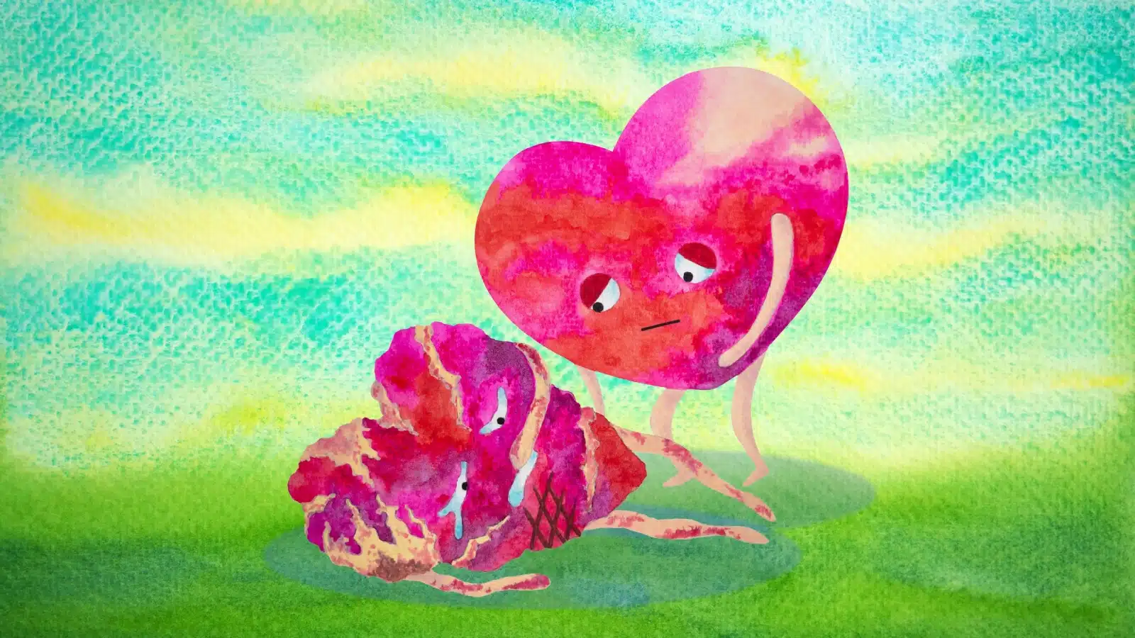 A sad, tired looking heart helps a trampled heart. The sad heart is suffering from empathetic burn out but still helping.