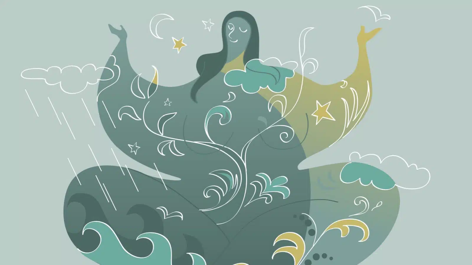 Artistic representation of a nature goddess. A woman sits in a meditative pose, at one with the natural elements.