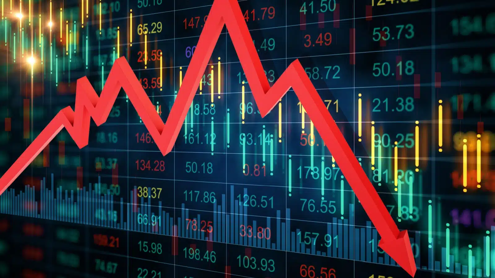 A bold red arrow tracks the downward turn of a stock market to highlight a stock market crash or recession. 
