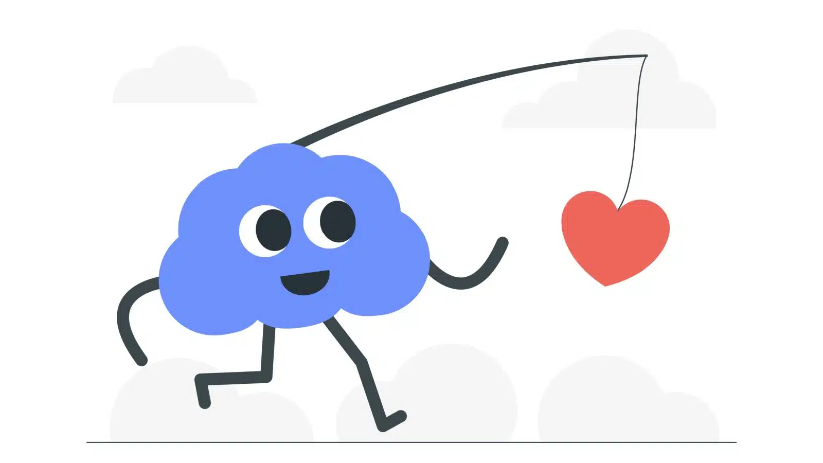 Cartoon image of a brain happily following his heart, which is attached to him with a fishing pole. The image represents following your dreams and living life on your terms.