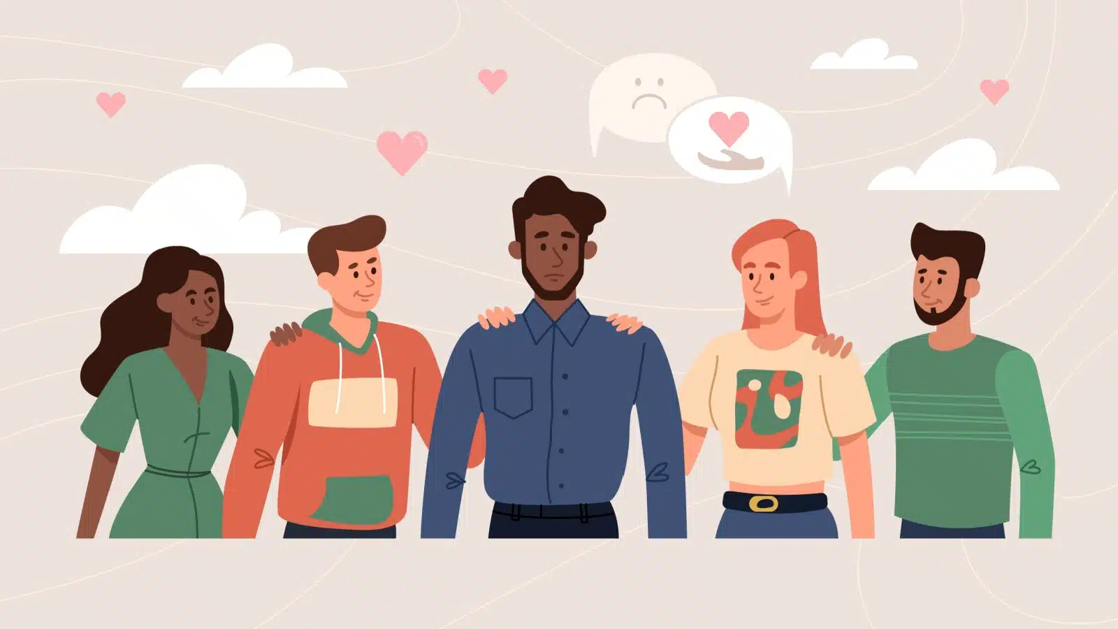 Cartoon featuring a friend group showing empathy to someone who is down, they are trying to cheer him up.