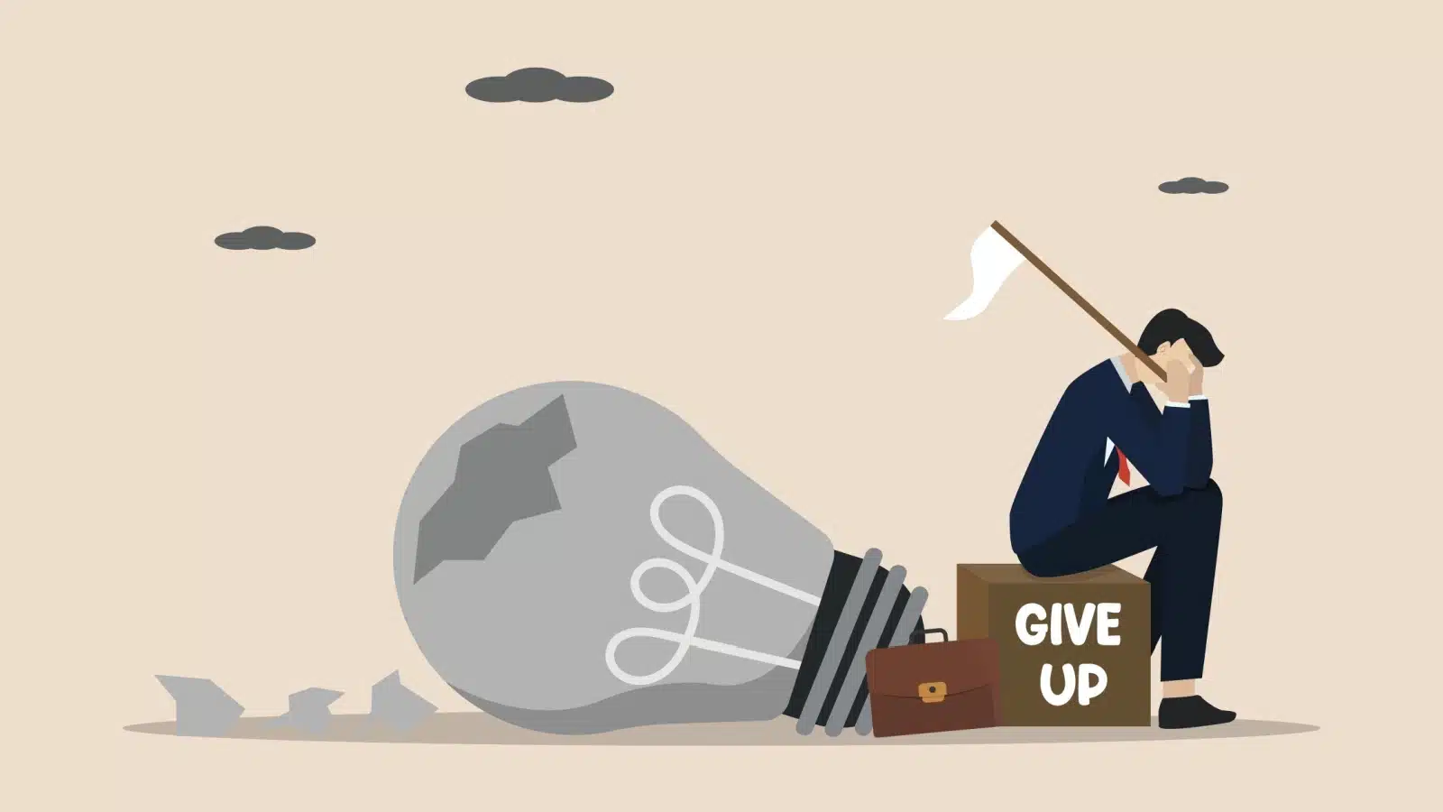 A business man sits on a box saying "give up" waving a white flag after a failed idea.