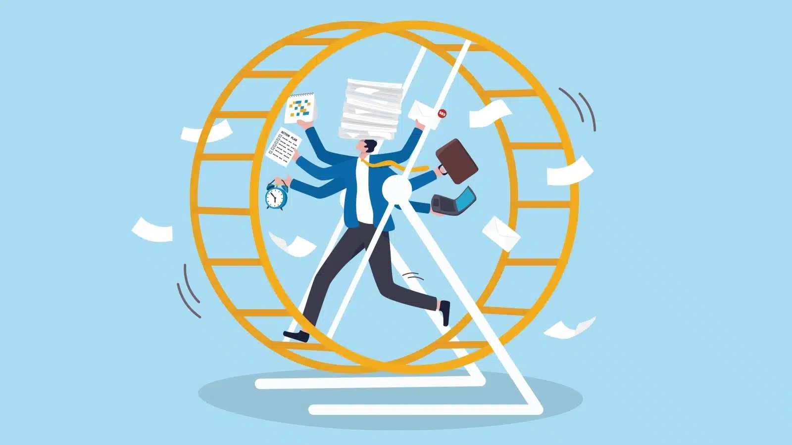 A businessman running on a giant hamster wheel juggling work, side hustles, and priorities, to represent toxic hustle culture.