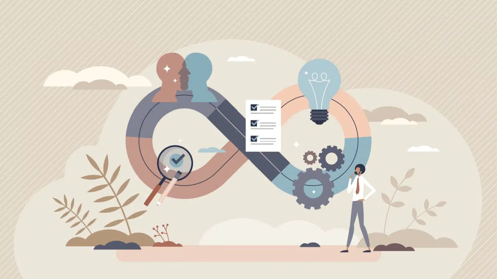 Illustration of a man looking at an infinity sign with different steps along the way, to represent repetition and cycles.