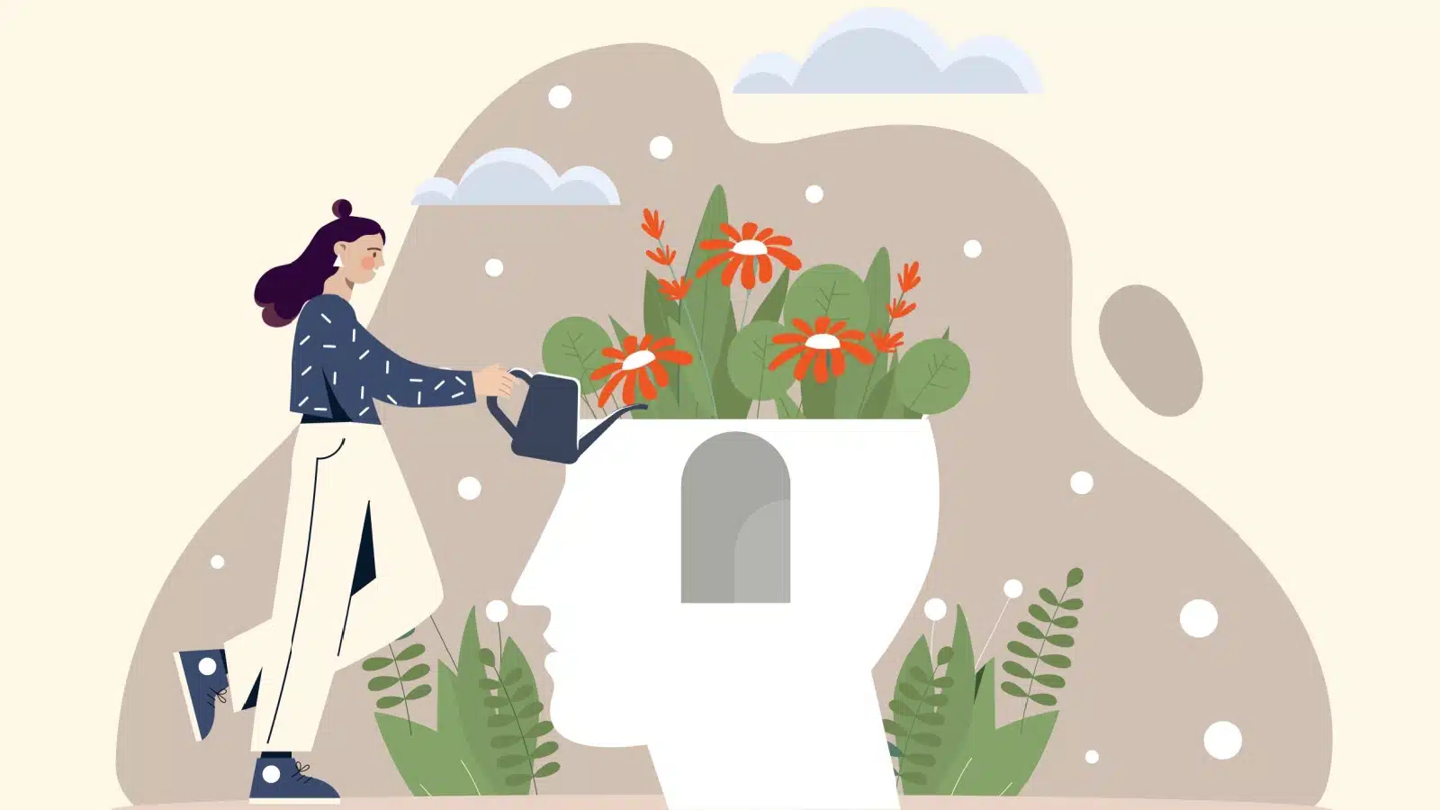 Illustration of a woman watering the garden in her mind, to represent how we can intentionally cultivate the self-improvement we desire.
