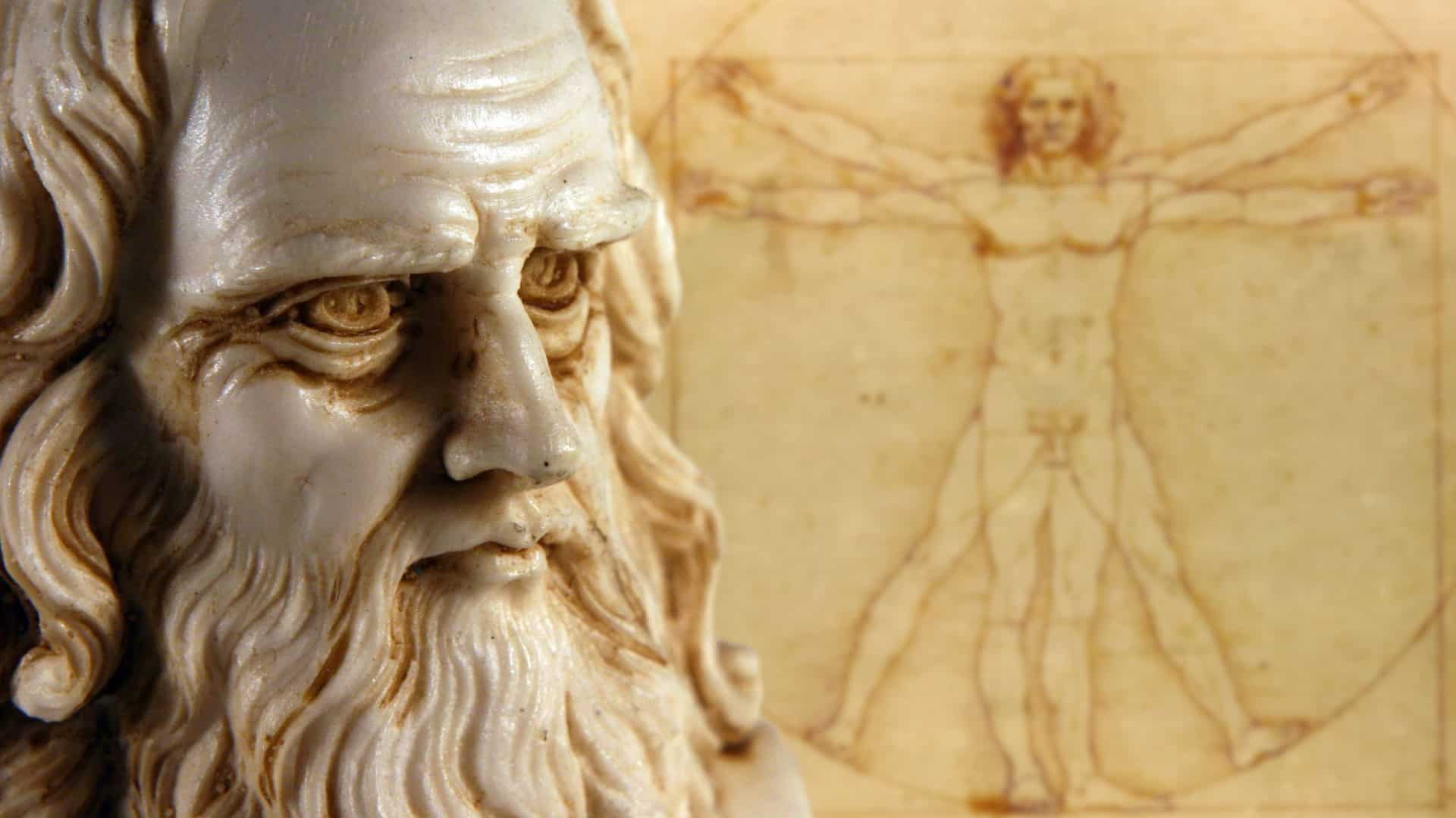 Marble statue of famed scientist and artist Leonardo da Vinci in front of his