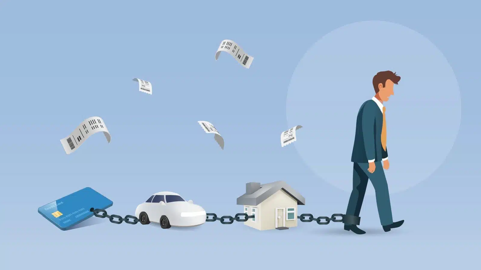 Illustration showing a sad business man shackled to his house, car, and credit card to represent the middle-class trap.
