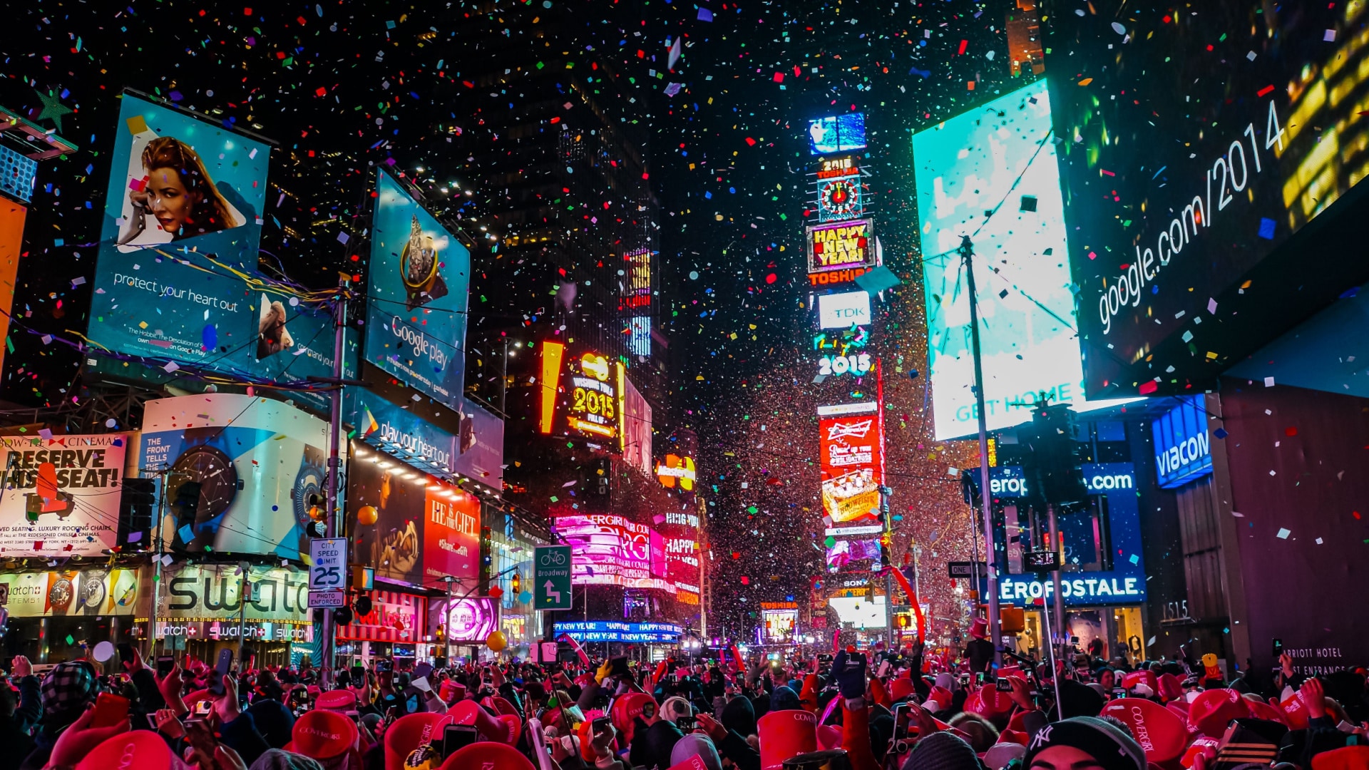 Confetti falling over Time's Square in New York on New Year's Eve.