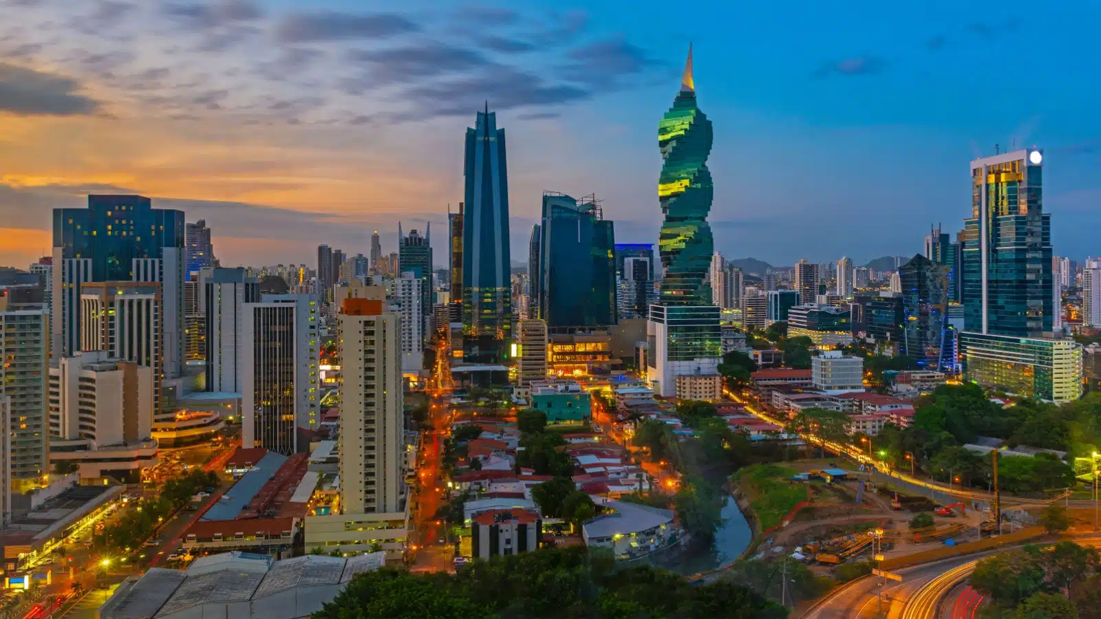 A highly saturated colorful view of Panama City at sunset to represent travel destinations that defied expectations.