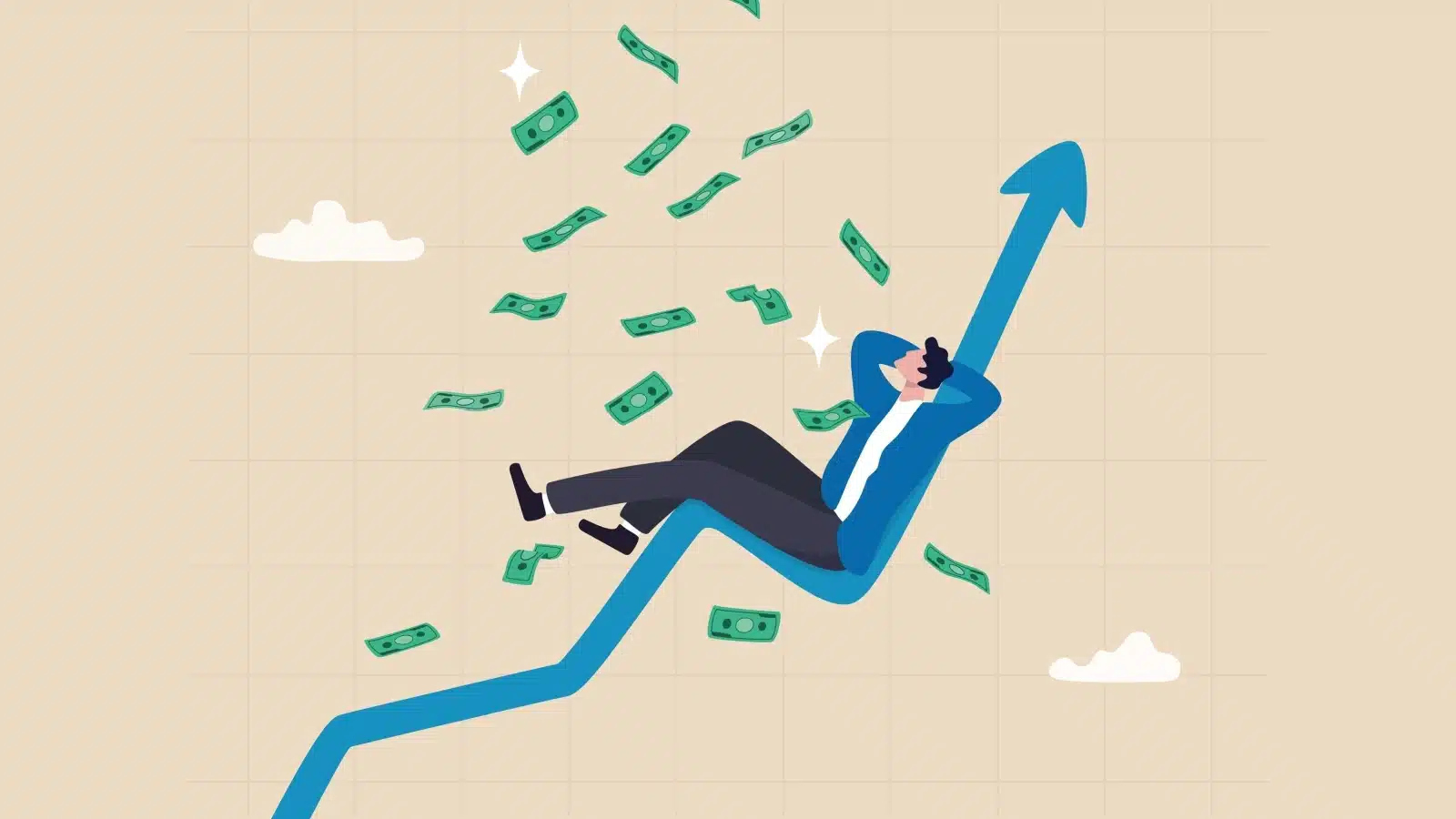 A man lounges on an investment graph that's pointing upward while money rains down upon him to represent passive income from investments.