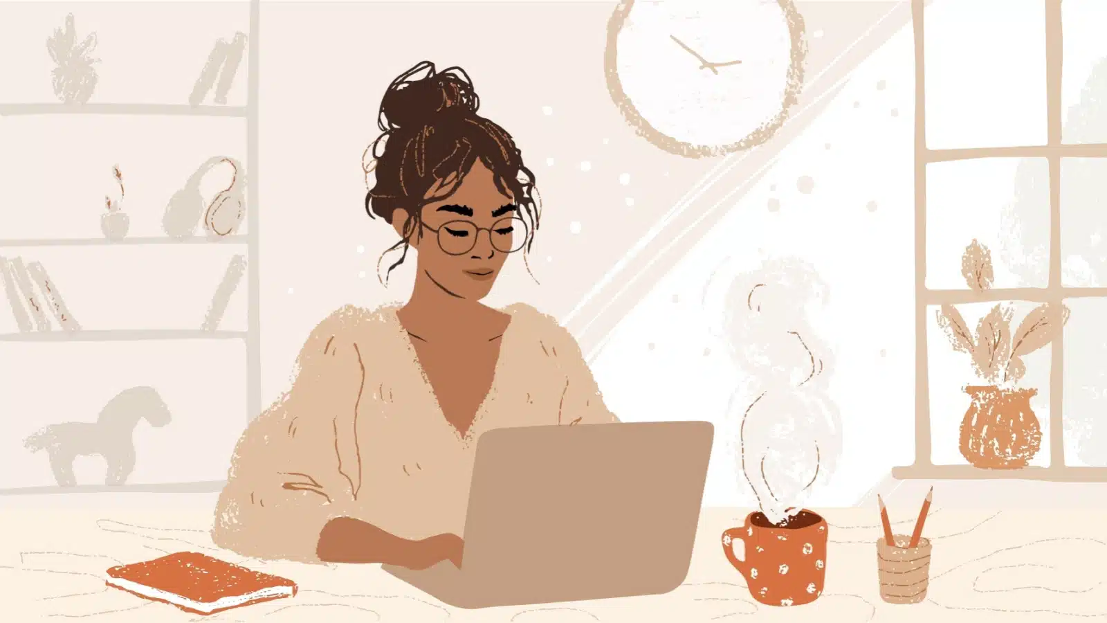 Illustration of a peaceful looking woman working on her computer in the morning.