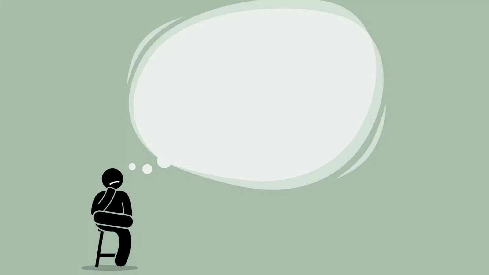 Illustration of a man sitting with an empty thought bubble because he needs examples.