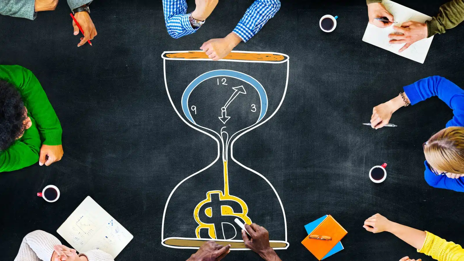A group of people sit around a table with a drawing of an hourglass on it. Inside the hourglass, a clock is leaking down into dollar signs. The image represents the saying "time is money."