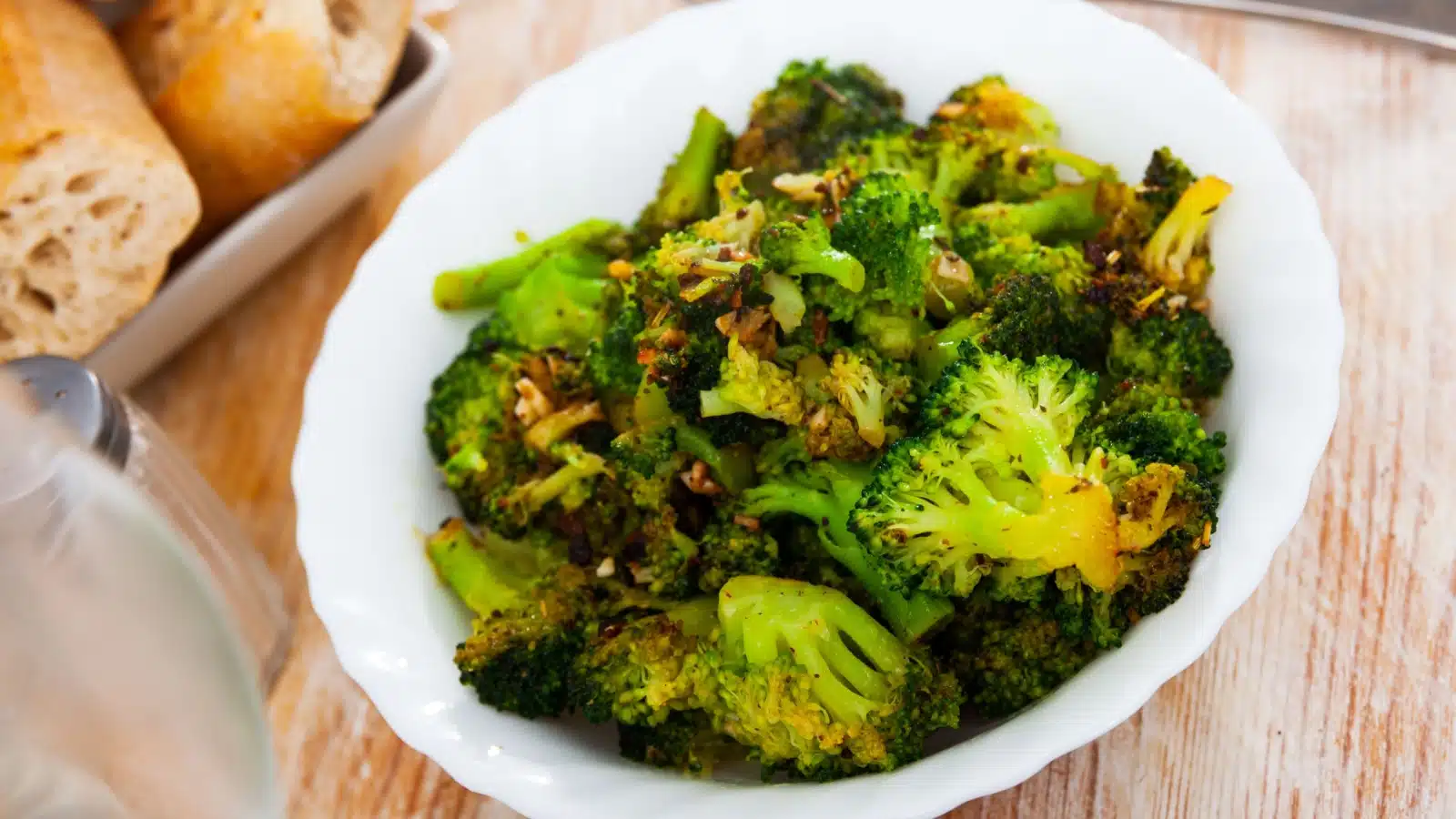 A bowl of roasted broccoli.