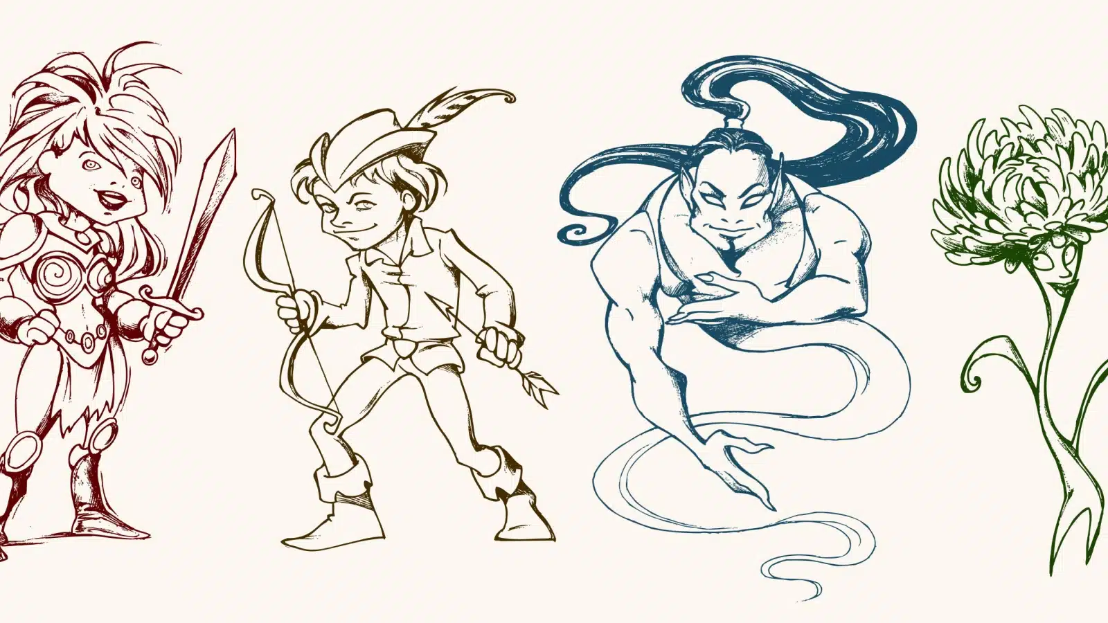 Sketches of different characters that could fall under the chaotic neutral alignment.