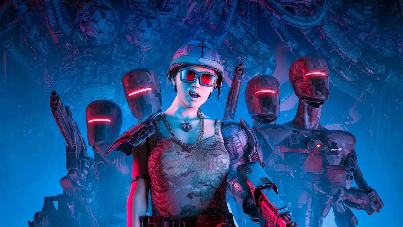 A futuristic fantasy mercenary character leads a robot army.