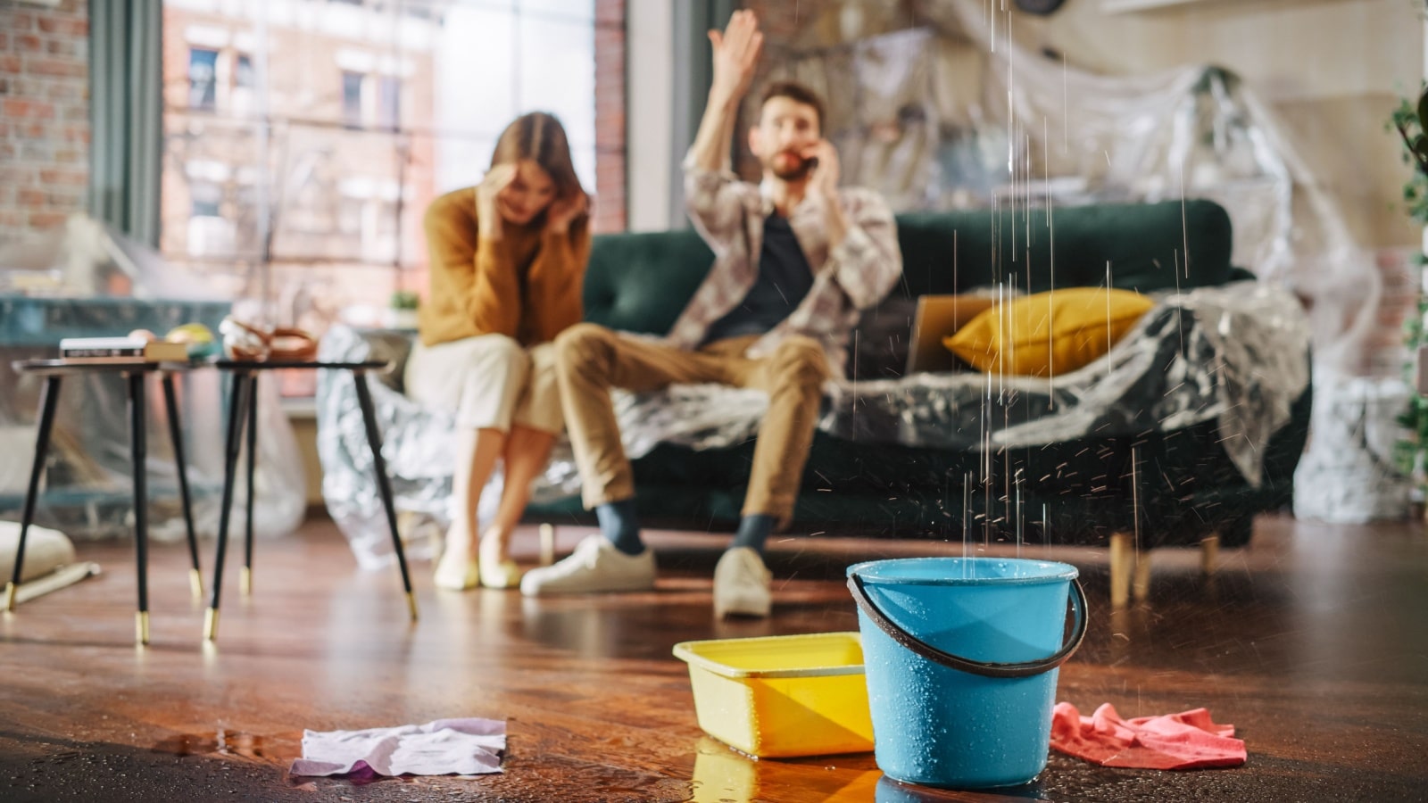 Homeowners sit on the couch in the background, yelling at someone about a leaky roof, which is represented by buckets catching the dripping water in the foreground.
