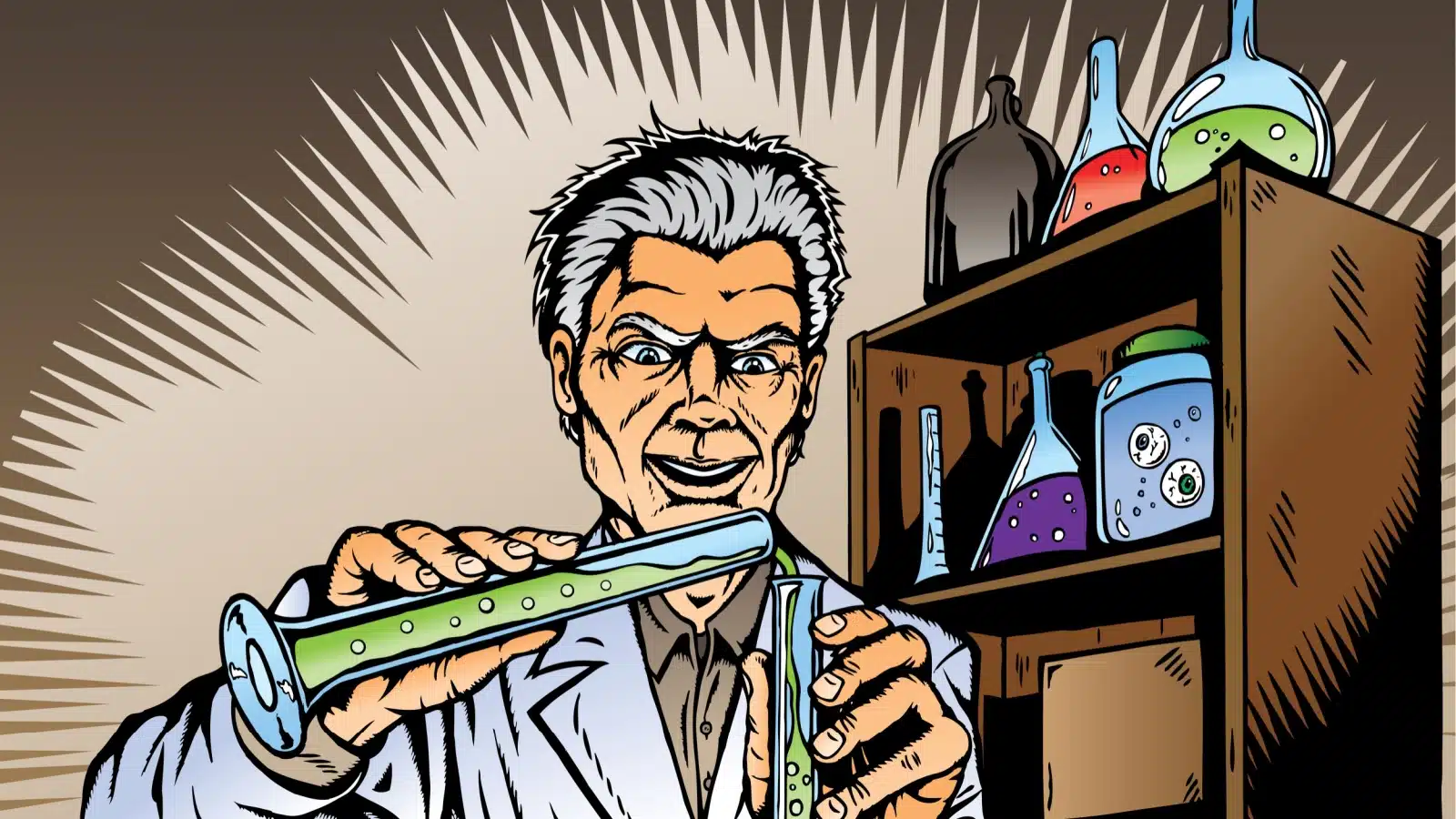 Mad scientist mixing chemicals.