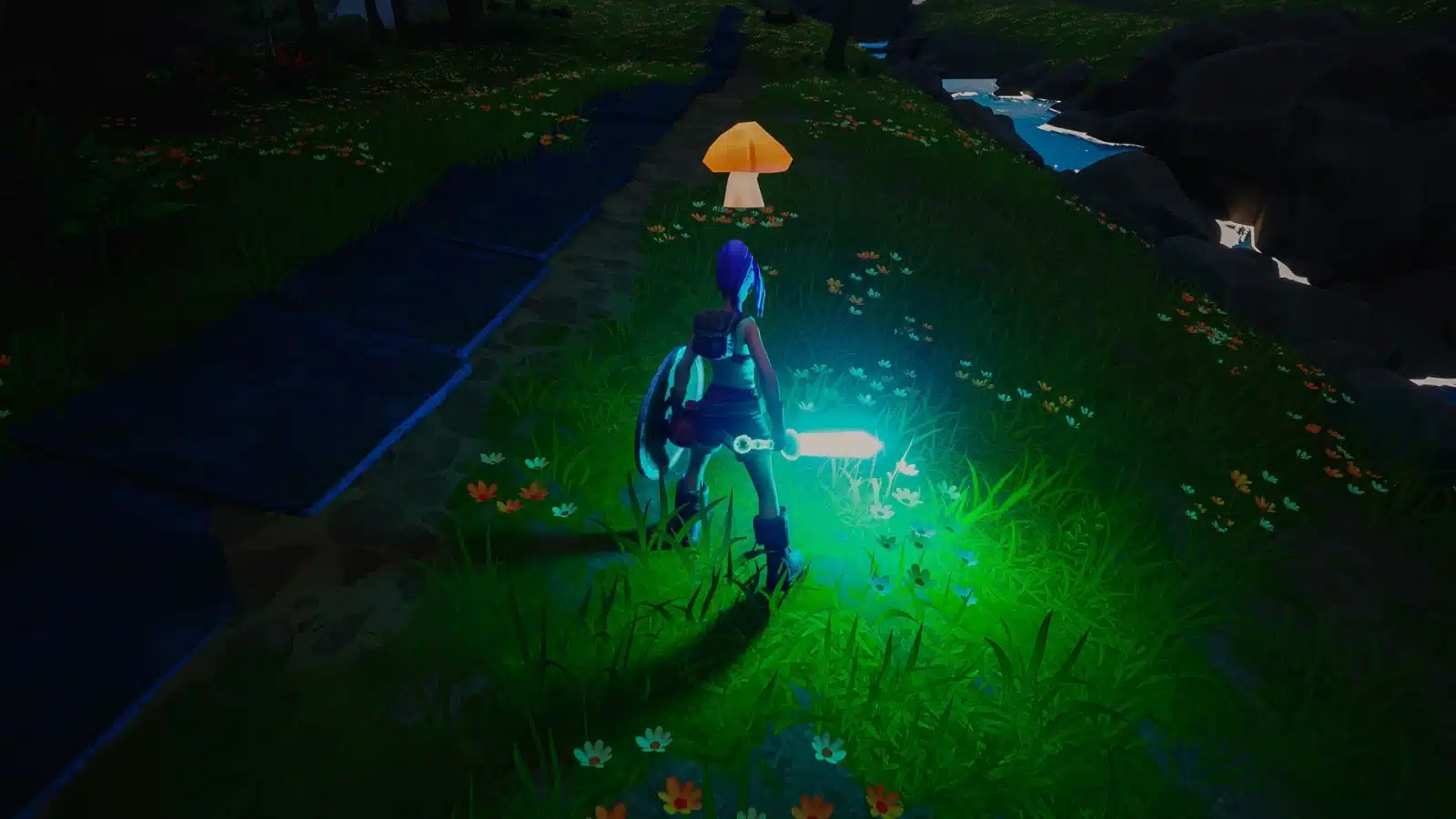 Third person view of a playable fantasy character in a video game.