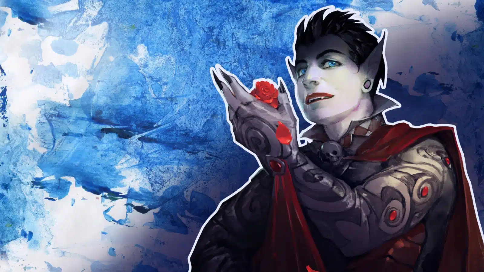 Illustration of a sinister looking vampire holding a rose.