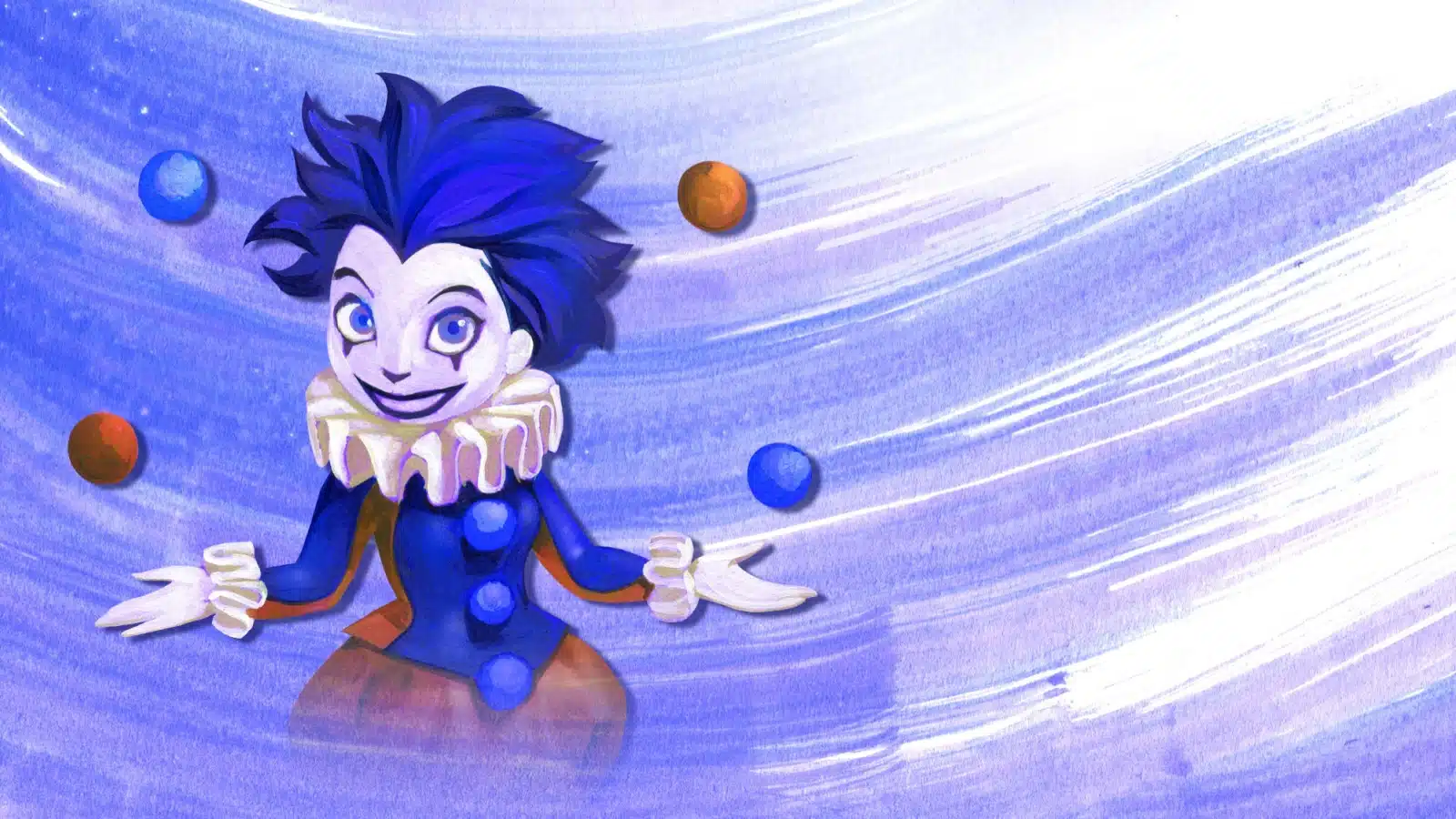 Illustration of a cute trickster clown juggling.