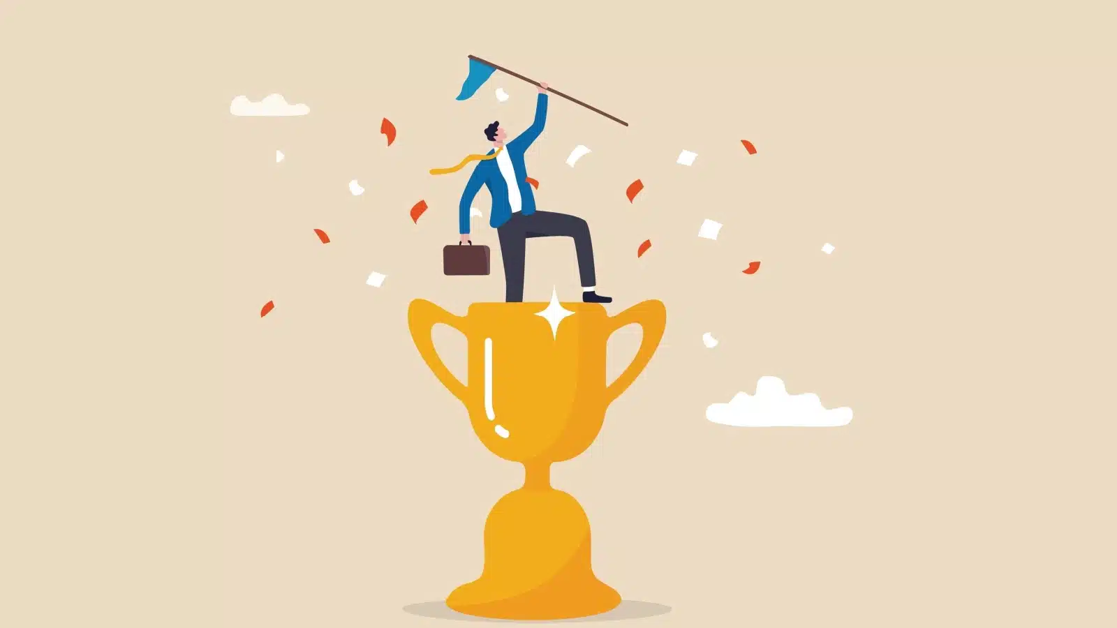 A businessman holds a victory flag on top of a trophy to represent winning, success, or a climax.
