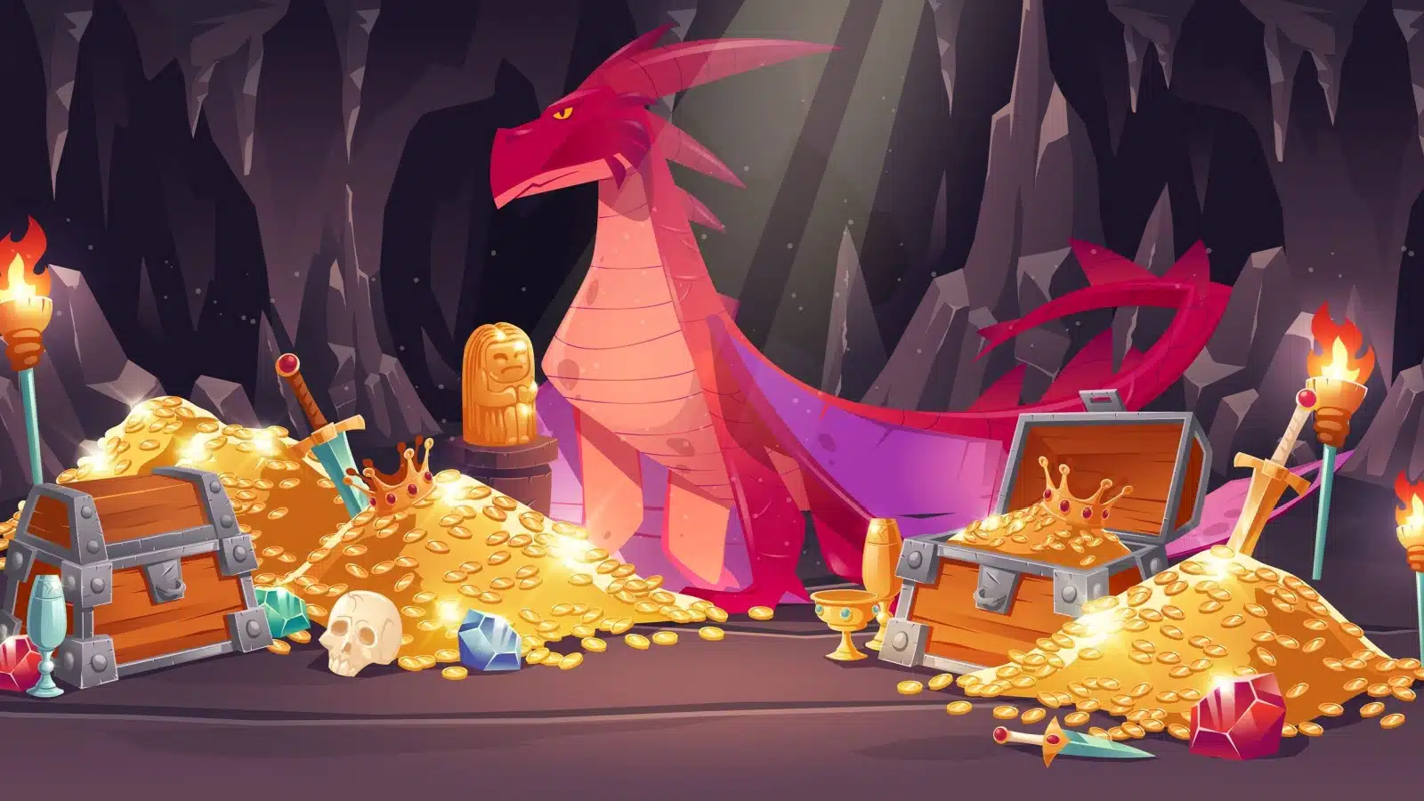 A cartoon dragon hoards his treasure.