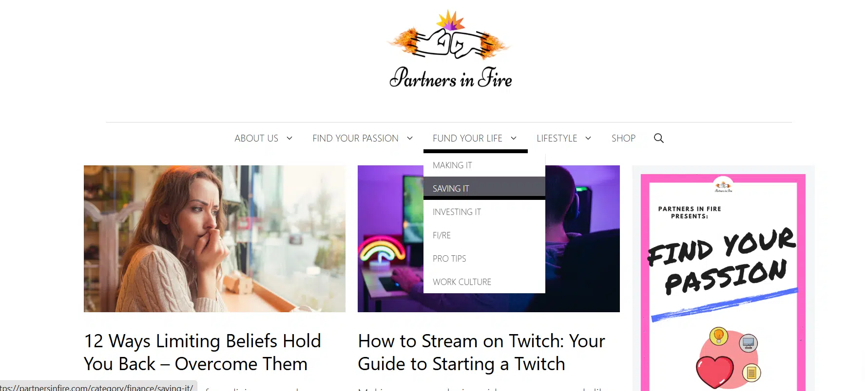 Screenshot showing Partners in Fire's navigation menu with the categories under Fund Your Life showing.