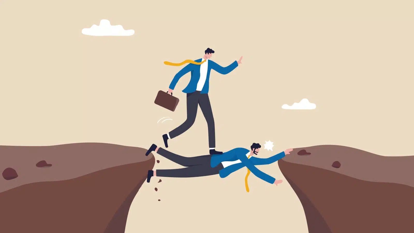A selfish businessman walks on a coworker's back to get ahead.