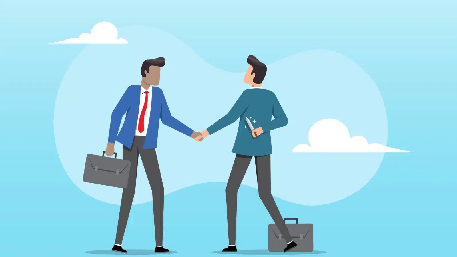 A businessman shakes hands with a colleague while holding a knife behind his back to betray him.
