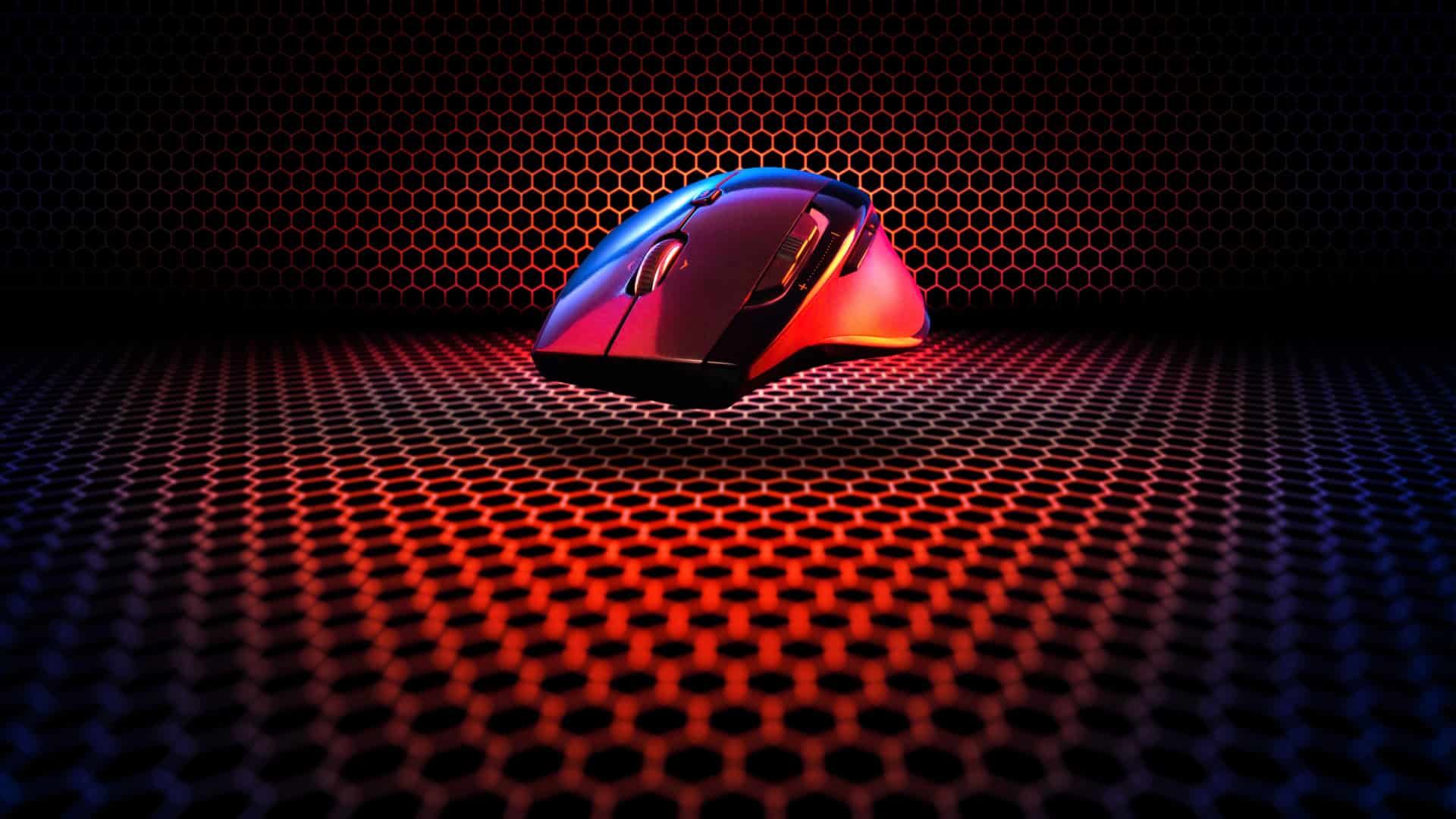 Concept art: High tech gaming mouse floating above a grid backlit in red.