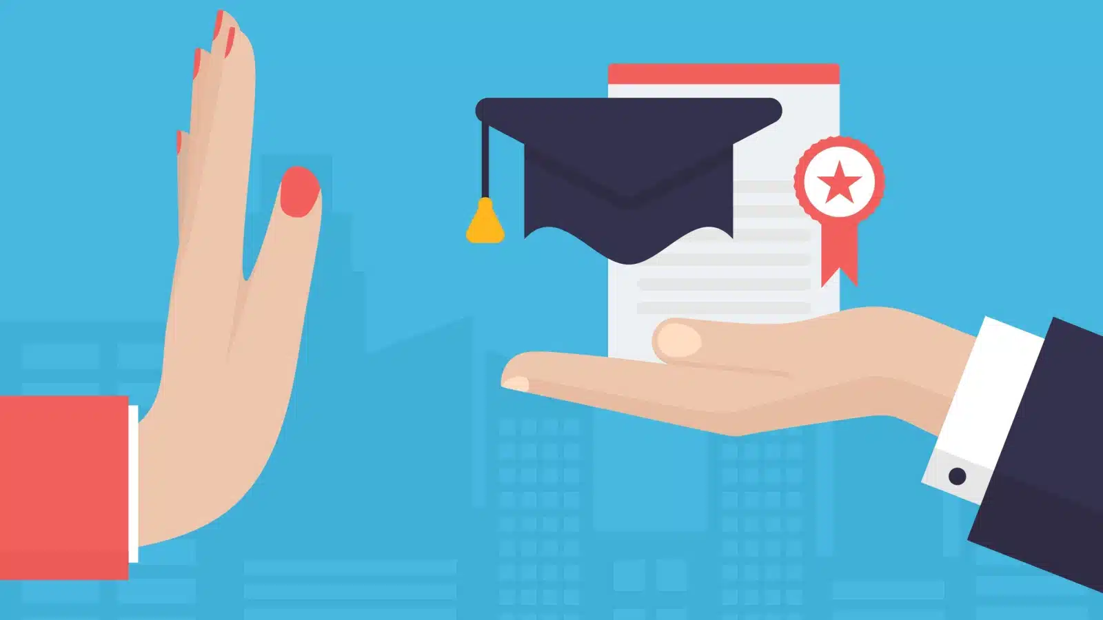 Illustration of a woman's hand refusing a college degree.