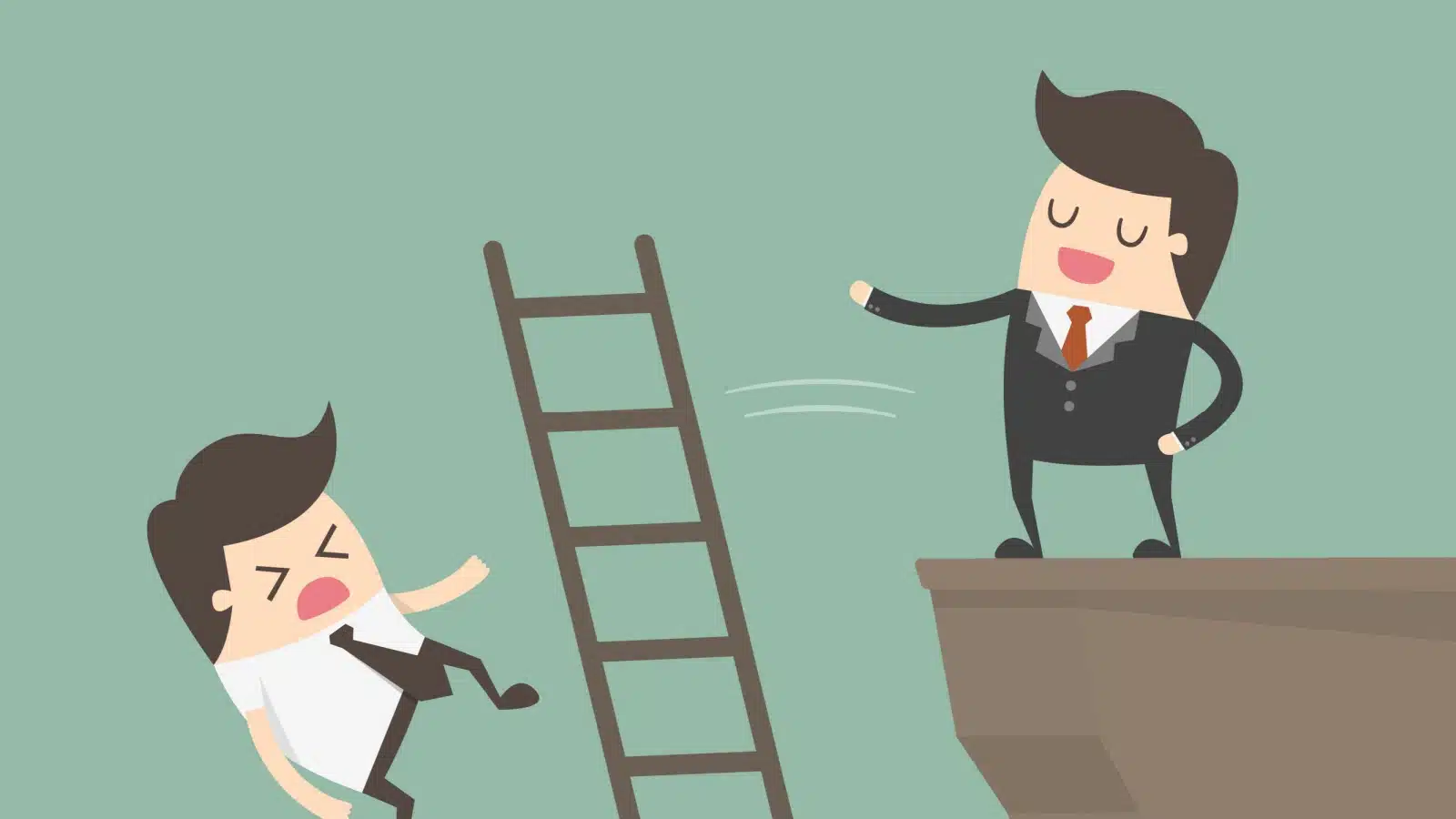 An evil boss pushes the ladder down while an employee was trying to climb up.