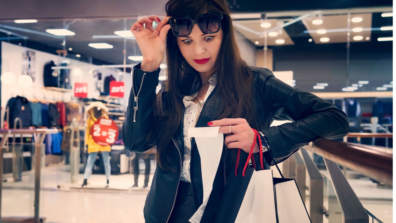 A woman in a mall looks at her receipt with eyes wide, shocked at how much she spent.