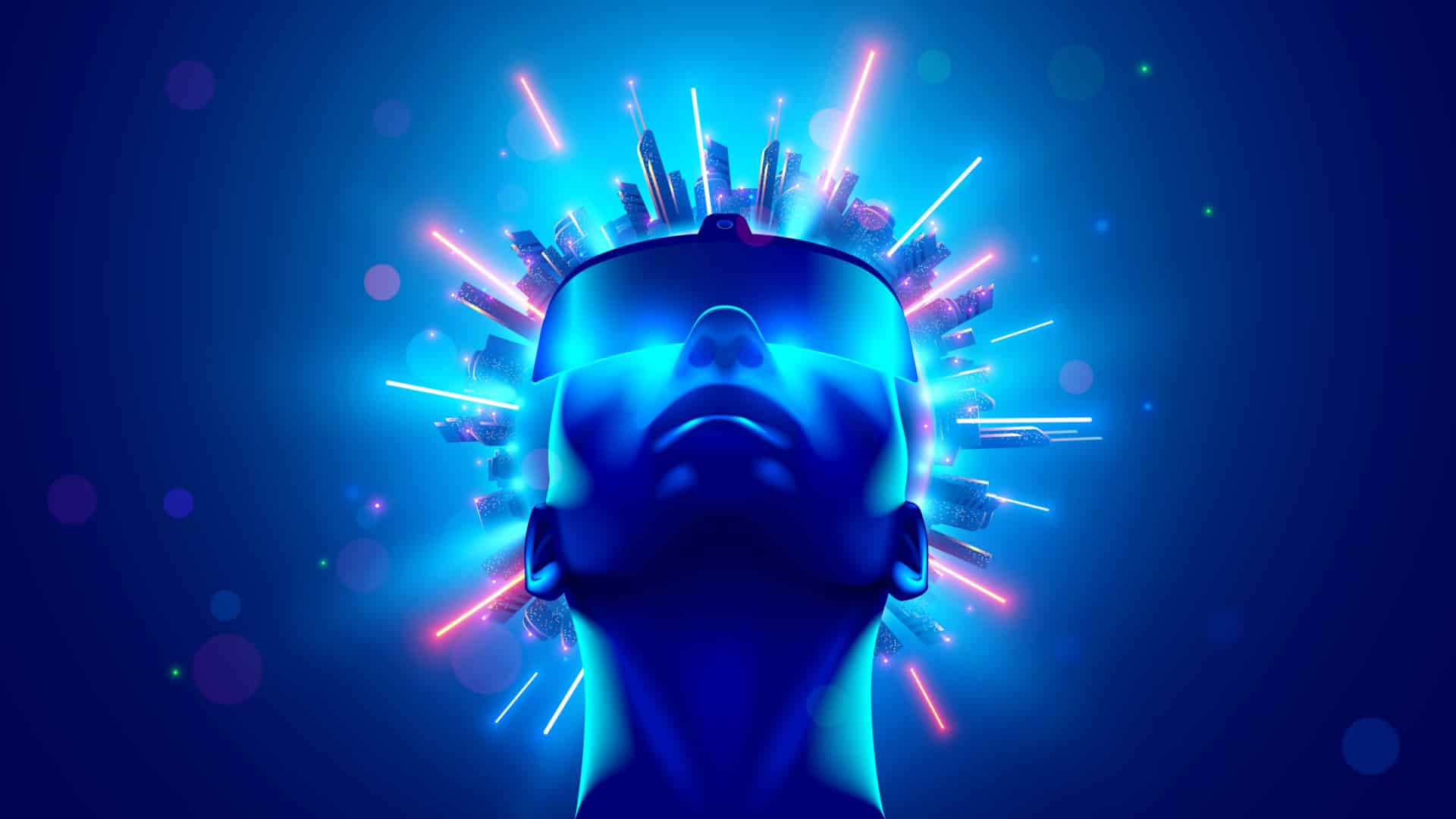 Graphic design of person wearing VR Goggles to represent living in a simulation.